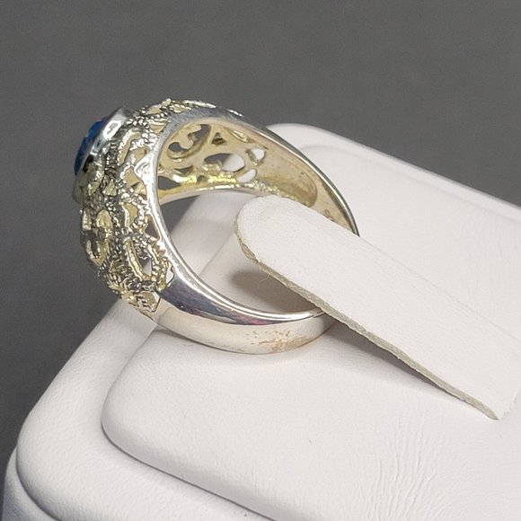 925 Silver Blue Opal Oval Shape Stone Fashion Dome Ring Filigree Size 8 1/2 - Picture 5 of 7
